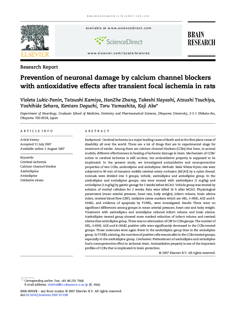 Prevention of neuronal damage by calcium channel blockers with antioxidative effects after transient focal ischemia in rats