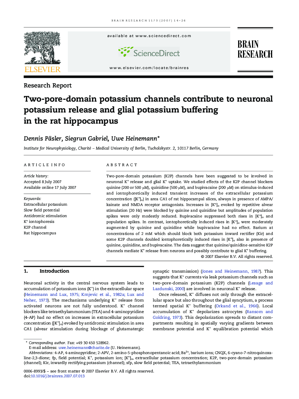 Two-pore-domain potassium channels contribute to neuronal potassium release and glial potassium buffering in the rat hippocampus