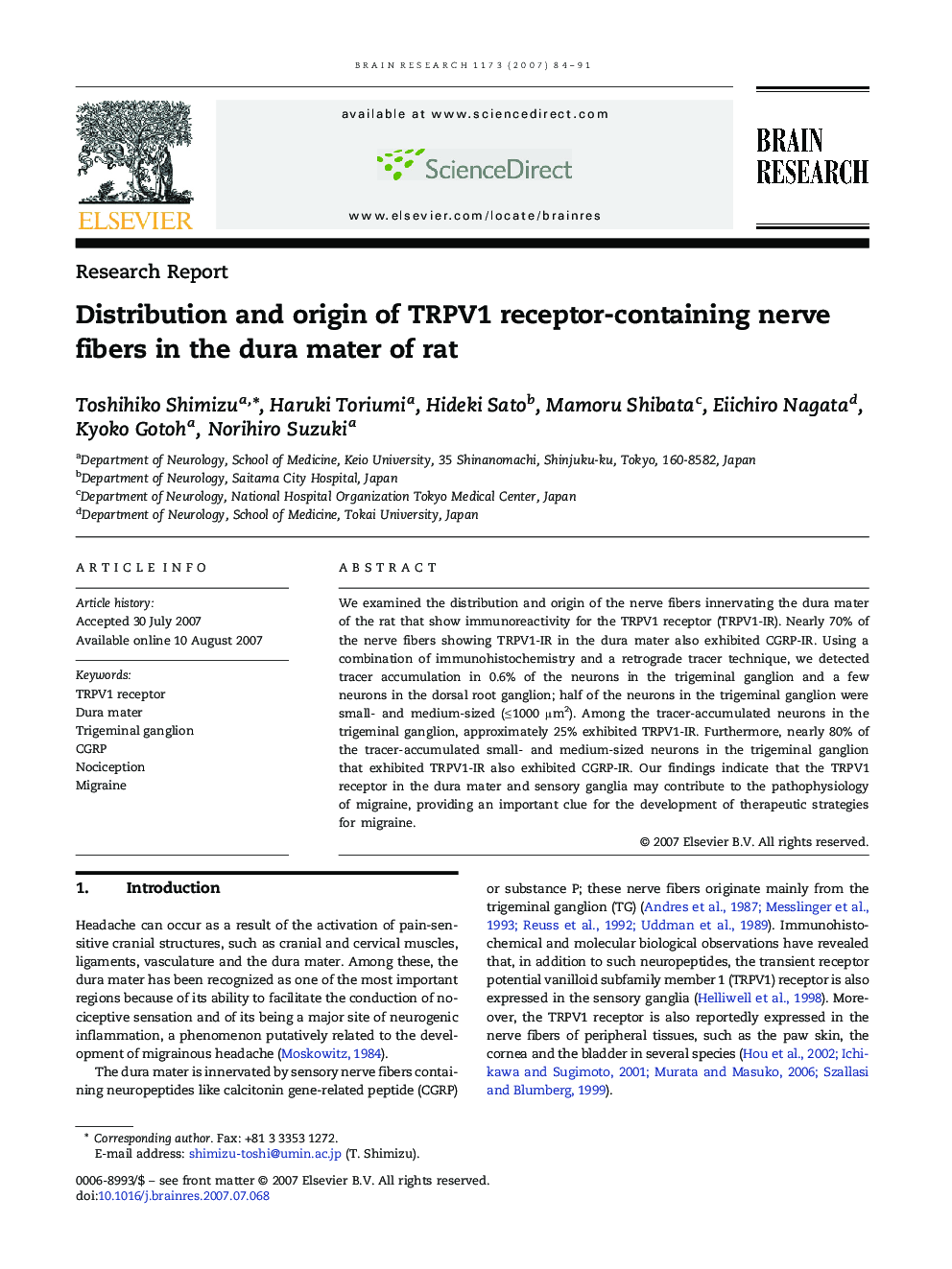 Distribution and origin of TRPV1 receptor-containing nerve fibers in the dura mater of rat