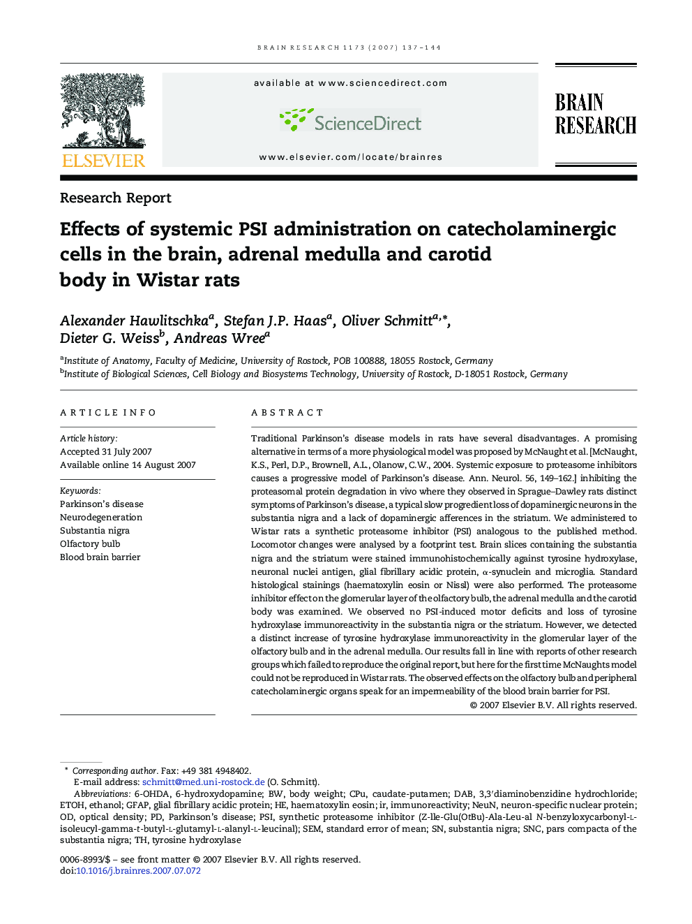 Effects of systemic PSI administration on catecholaminergic cells in the brain, adrenal medulla and carotid body in Wistar rats