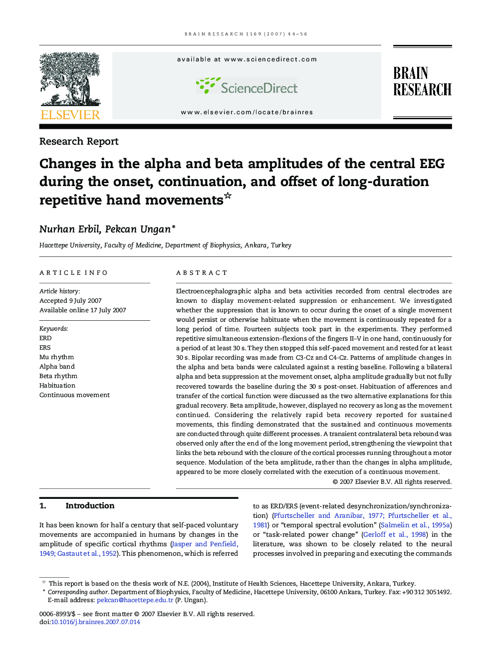 Changes in the alpha and beta amplitudes of the central EEG during the onset, continuation, and offset of long-duration repetitive hand movements 