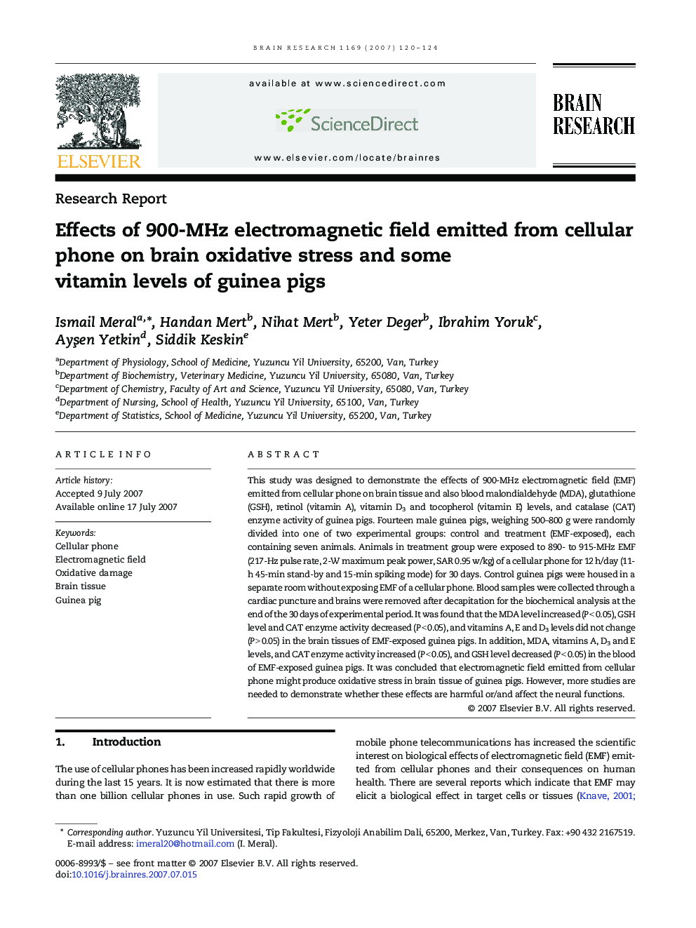 Effects of 900-MHz electromagnetic field emitted from cellular phone on brain oxidative stress and some vitamin levels of guinea pigs