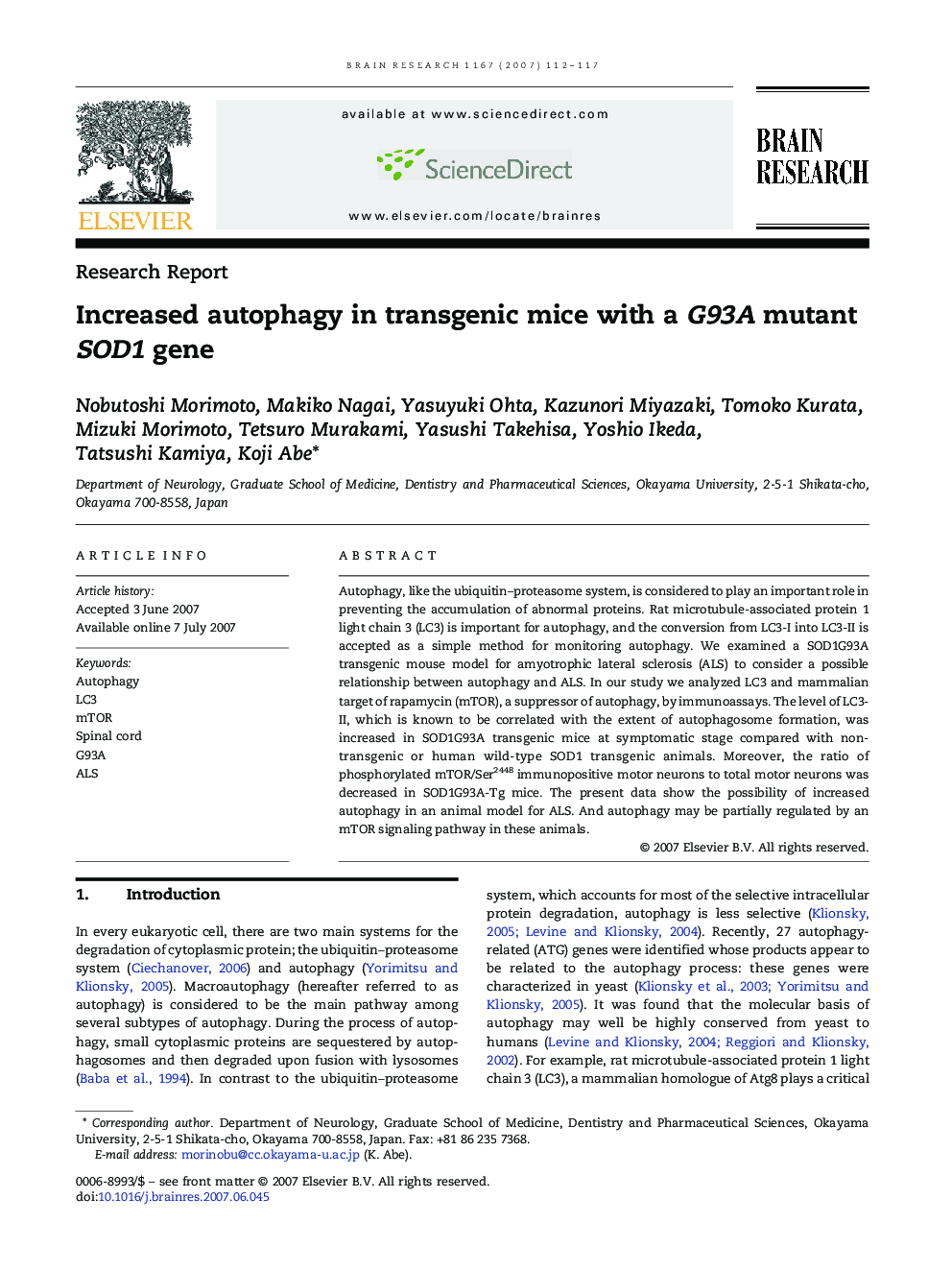 Increased autophagy in transgenic mice with a G93A mutant SOD1 gene