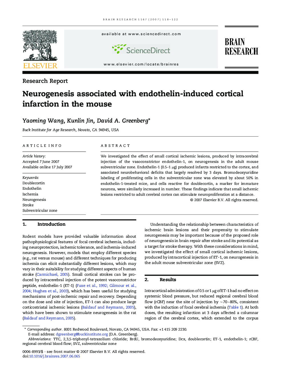 Neurogenesis associated with endothelin-induced cortical infarction in the mouse