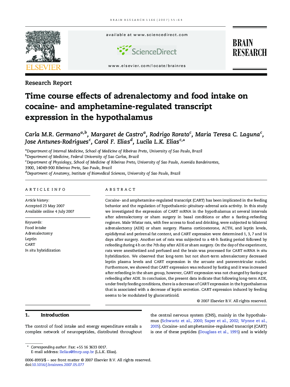 Time course effects of adrenalectomy and food intake on cocaine- and amphetamine-regulated transcript expression in the hypothalamus