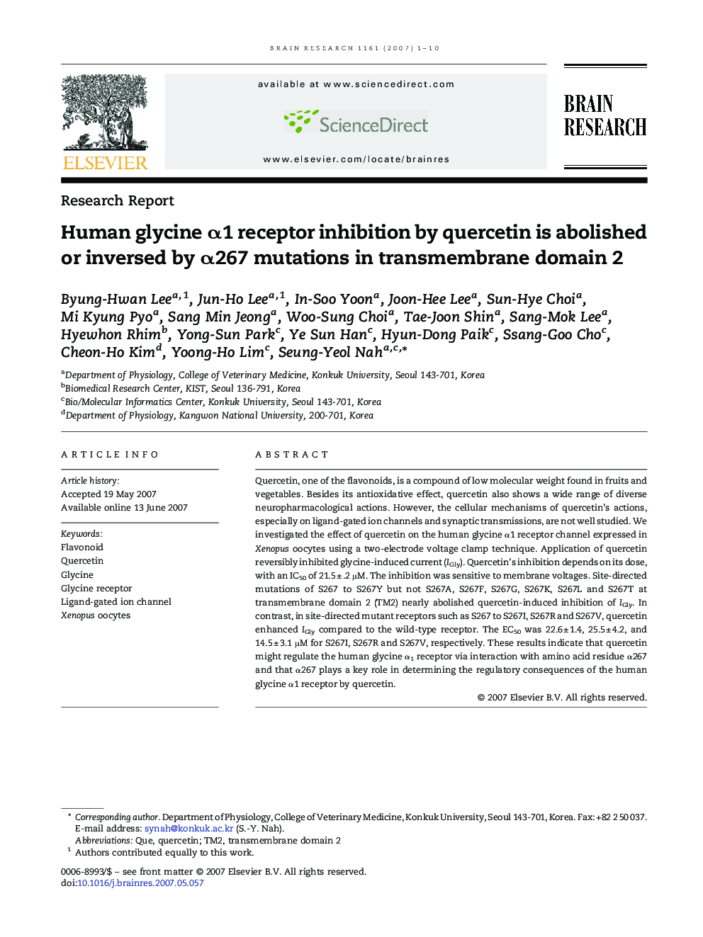 Human glycine α1 receptor inhibition by quercetin is abolished or inversed by α267 mutations in transmembrane domain 2