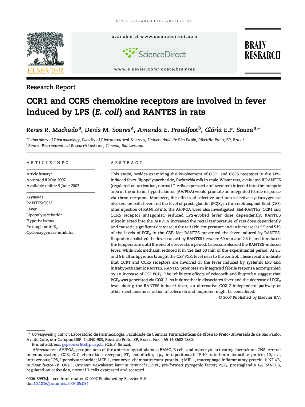 CCR1 and CCR5 chemokine receptors are involved in fever induced by LPS (E. coli) and RANTES in rats