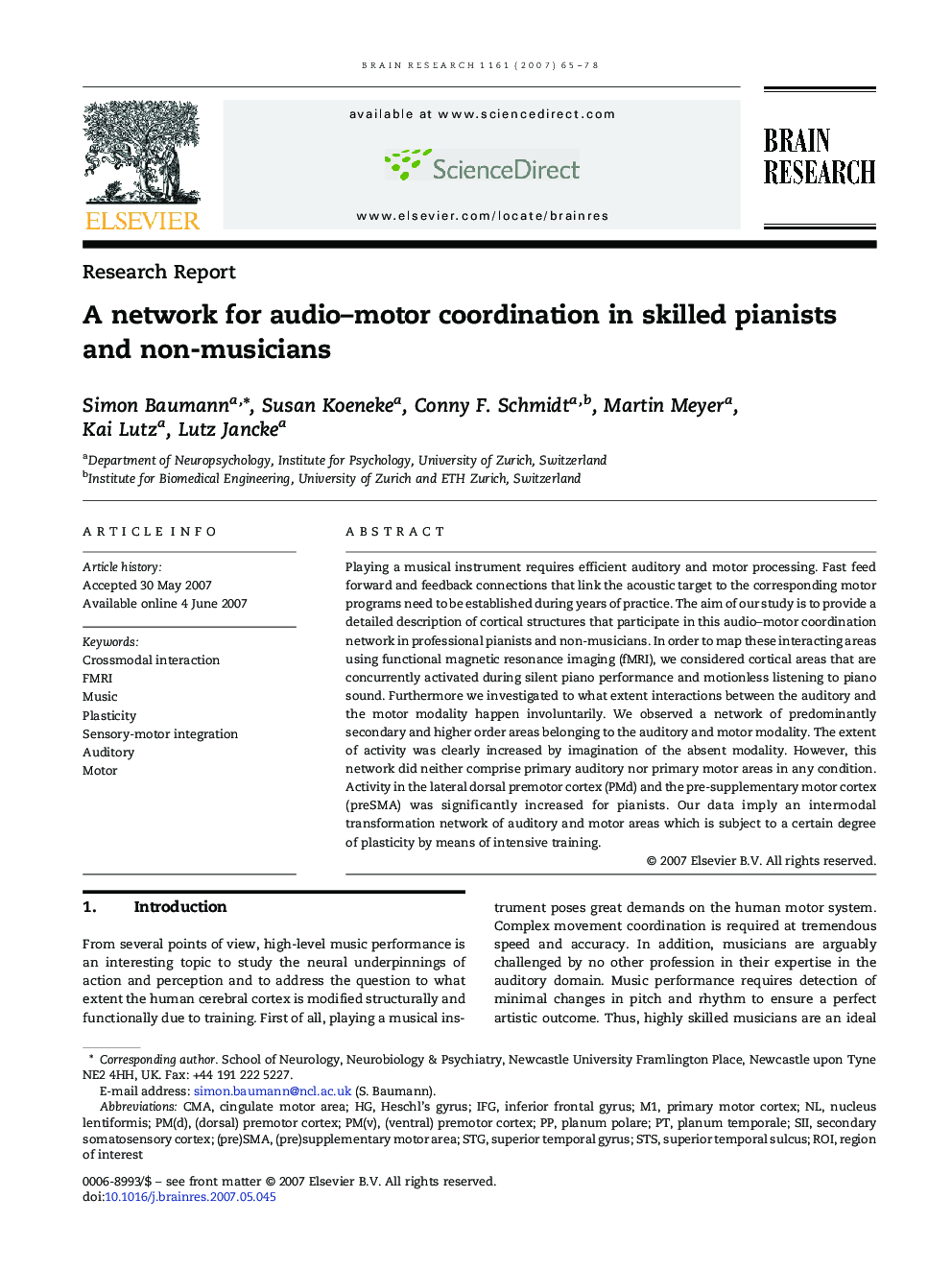 عکس صفحه اول مقاله: A network for audio–motor coordination in skilled pianists and non-musicians A network for audio–motor coordination in skilled pianists and non-musicians