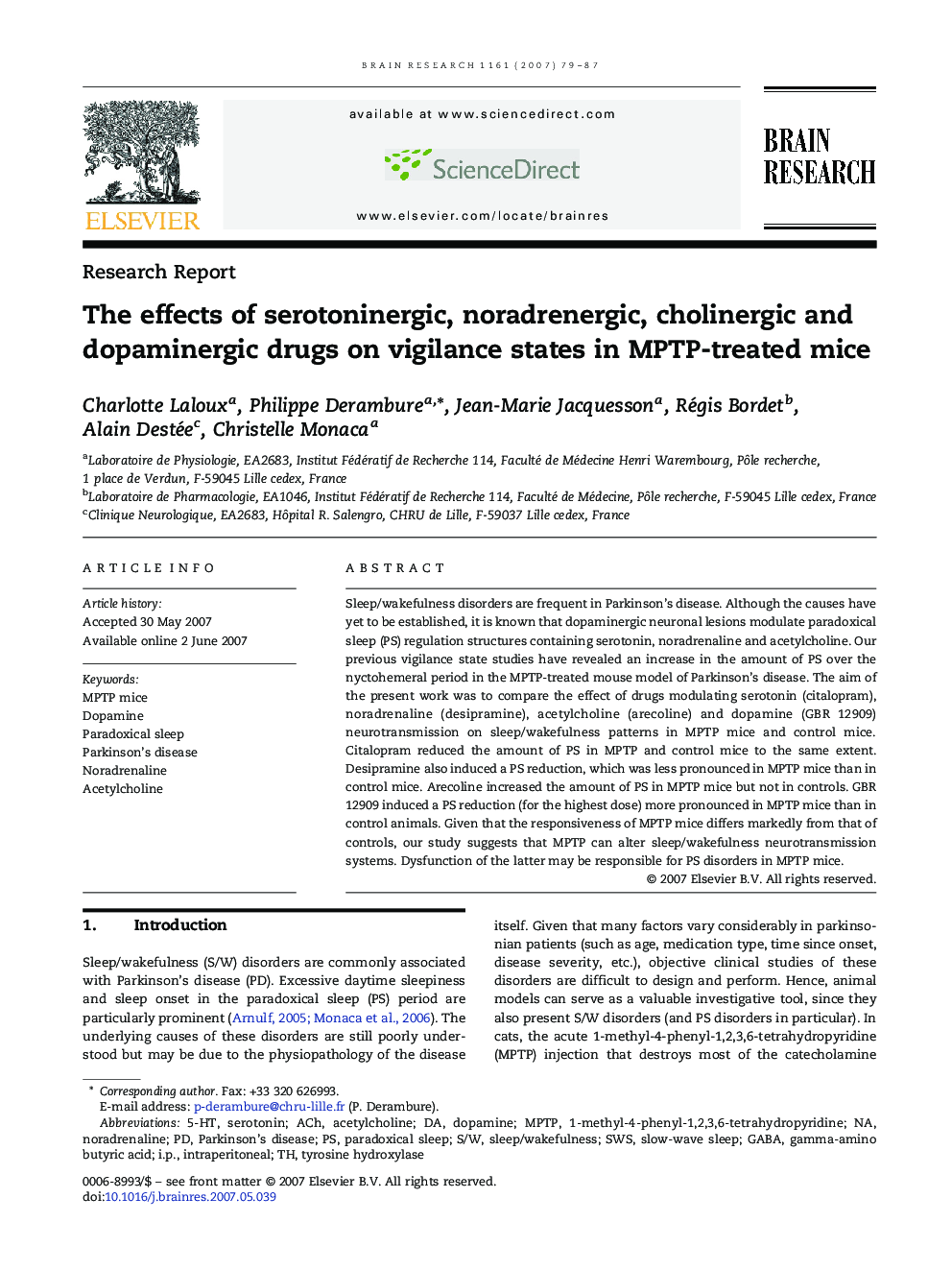 The effects of serotoninergic, noradrenergic, cholinergic and dopaminergic drugs on vigilance states in MPTP-treated mice