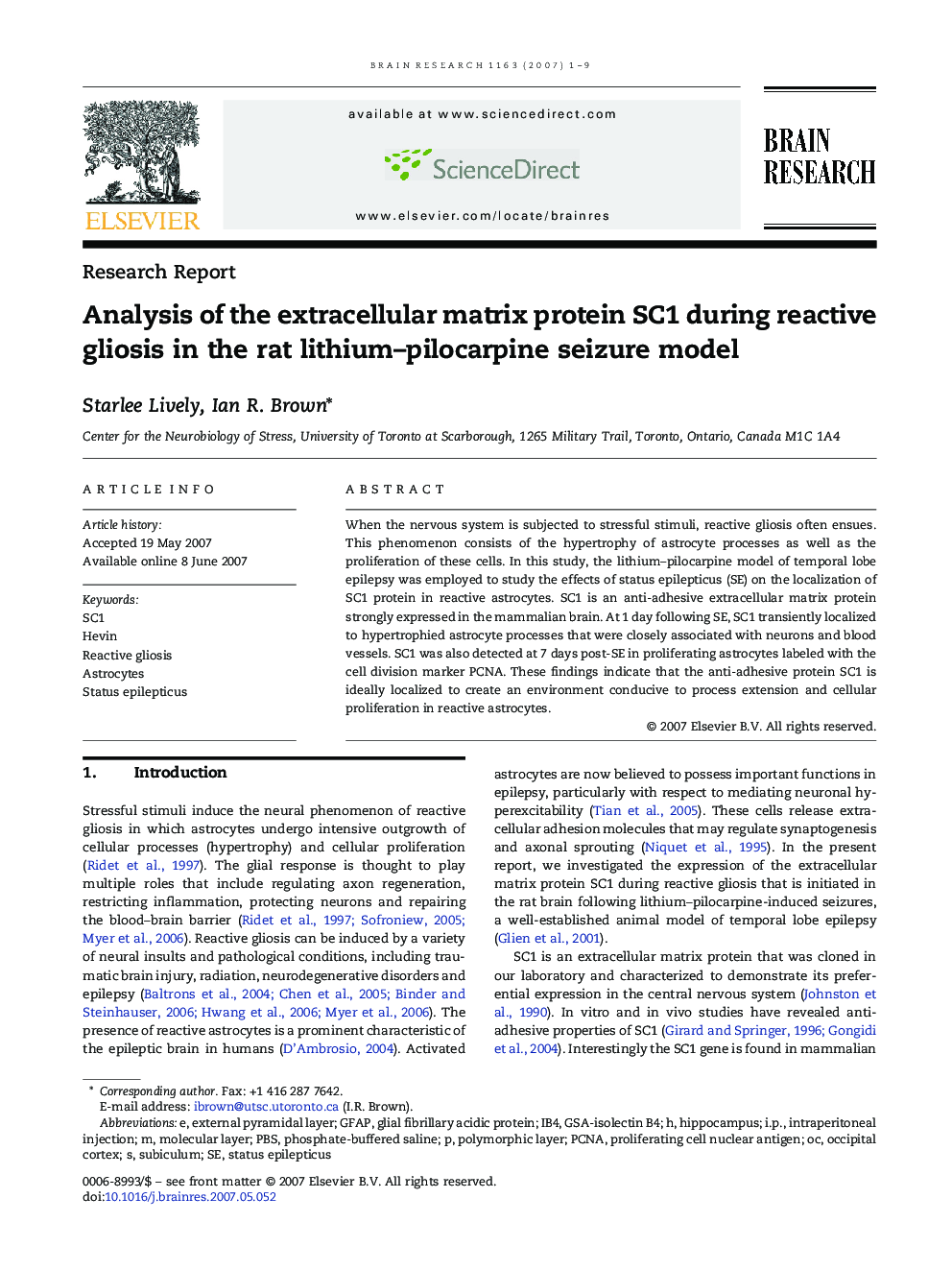 Analysis of the extracellular matrix protein SC1 during reactive gliosis in the rat lithium–pilocarpine seizure model