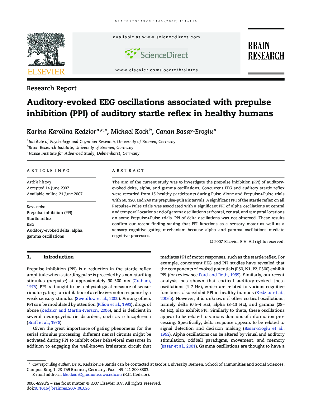 Auditory-evoked EEG oscillations associated with prepulse inhibition (PPI) of auditory startle reflex in healthy humans