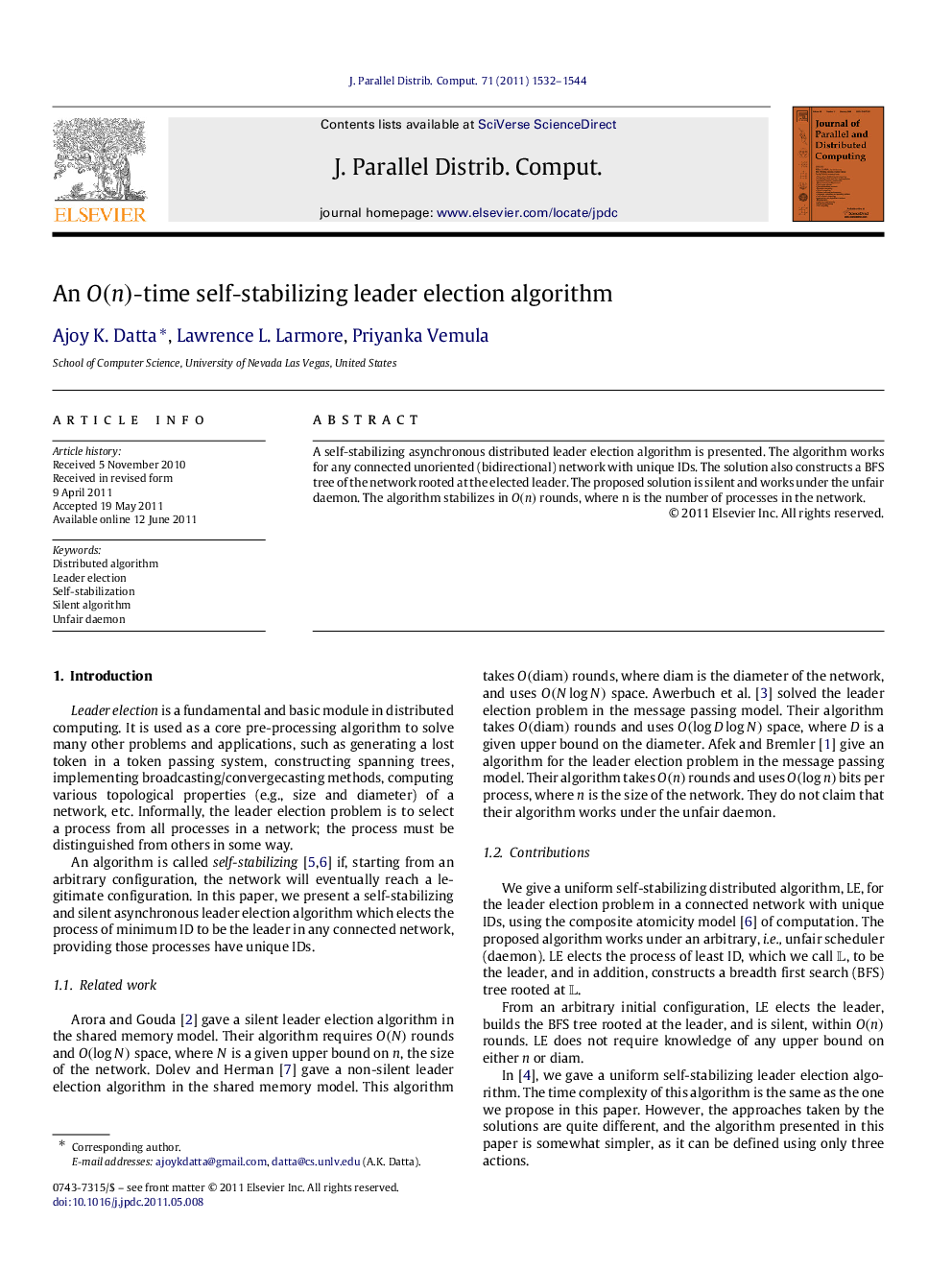عکس صفحه اول مقاله: An O(n)O(n)-time self-stabilizing leader election algorithm An O(n)O(n)-time self-stabilizing leader election algorithm