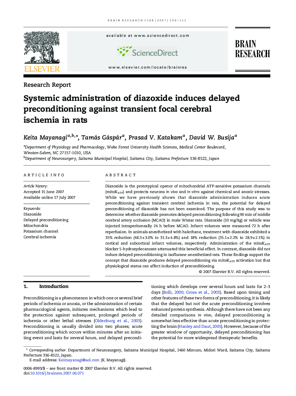 Systemic administration of diazoxide induces delayed preconditioning against transient focal cerebral ischemia in rats