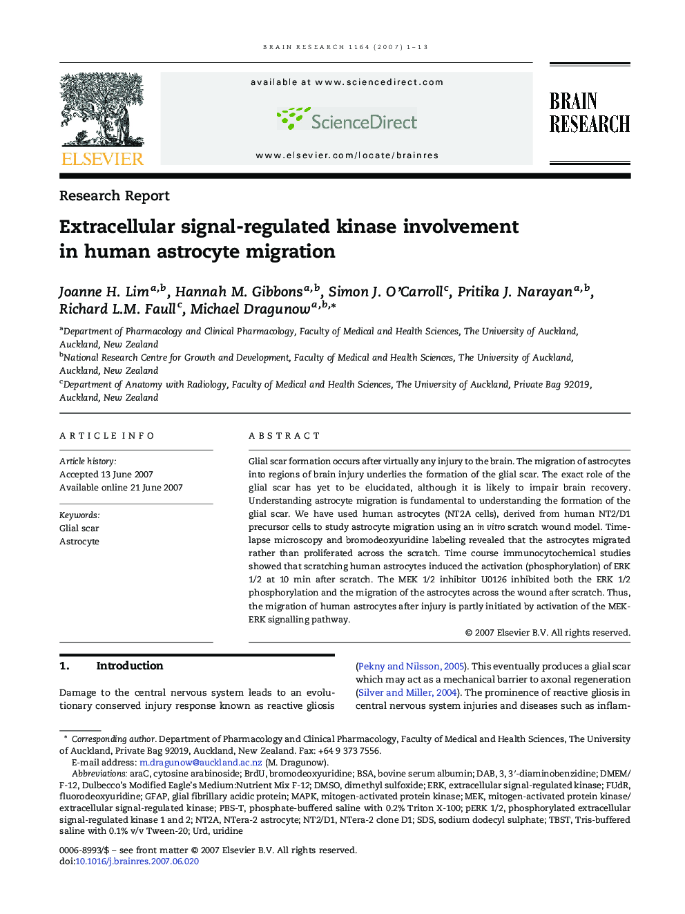 Extracellular signal-regulated kinase involvement in human astrocyte migration