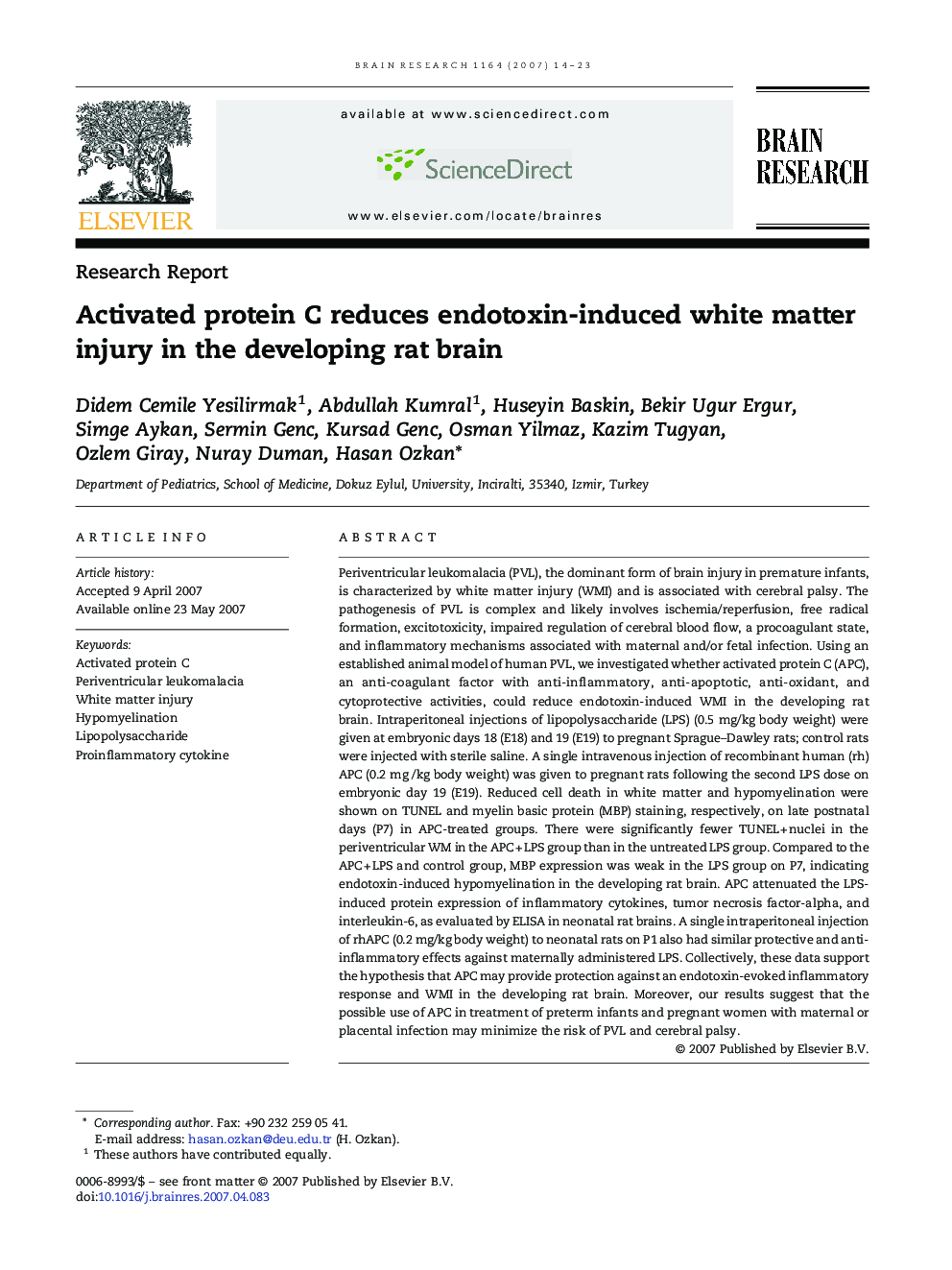 Activated protein C reduces endotoxin-induced white matter injury in the developing rat brain