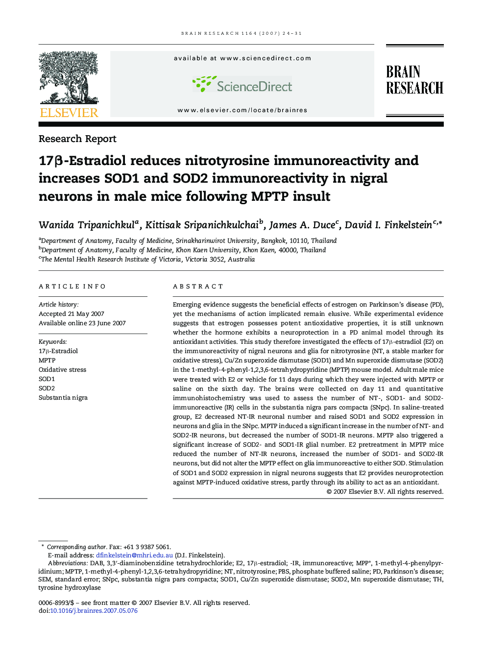 17β-Estradiol reduces nitrotyrosine immunoreactivity and increases SOD1 and SOD2 immunoreactivity in nigral neurons in male mice following MPTP insult