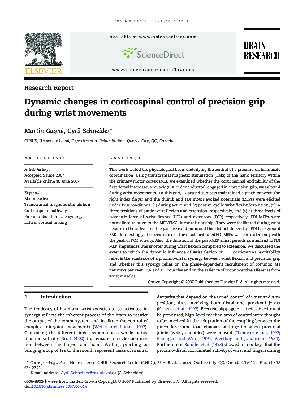 Dynamic changes in corticospinal control of precision grip during wrist movements