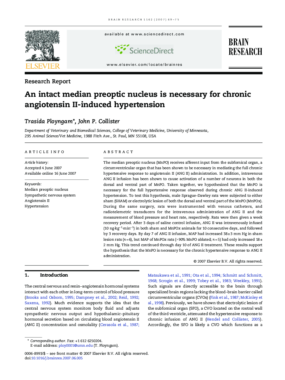 An intact median preoptic nucleus is necessary for chronic angiotensin II-induced hypertension