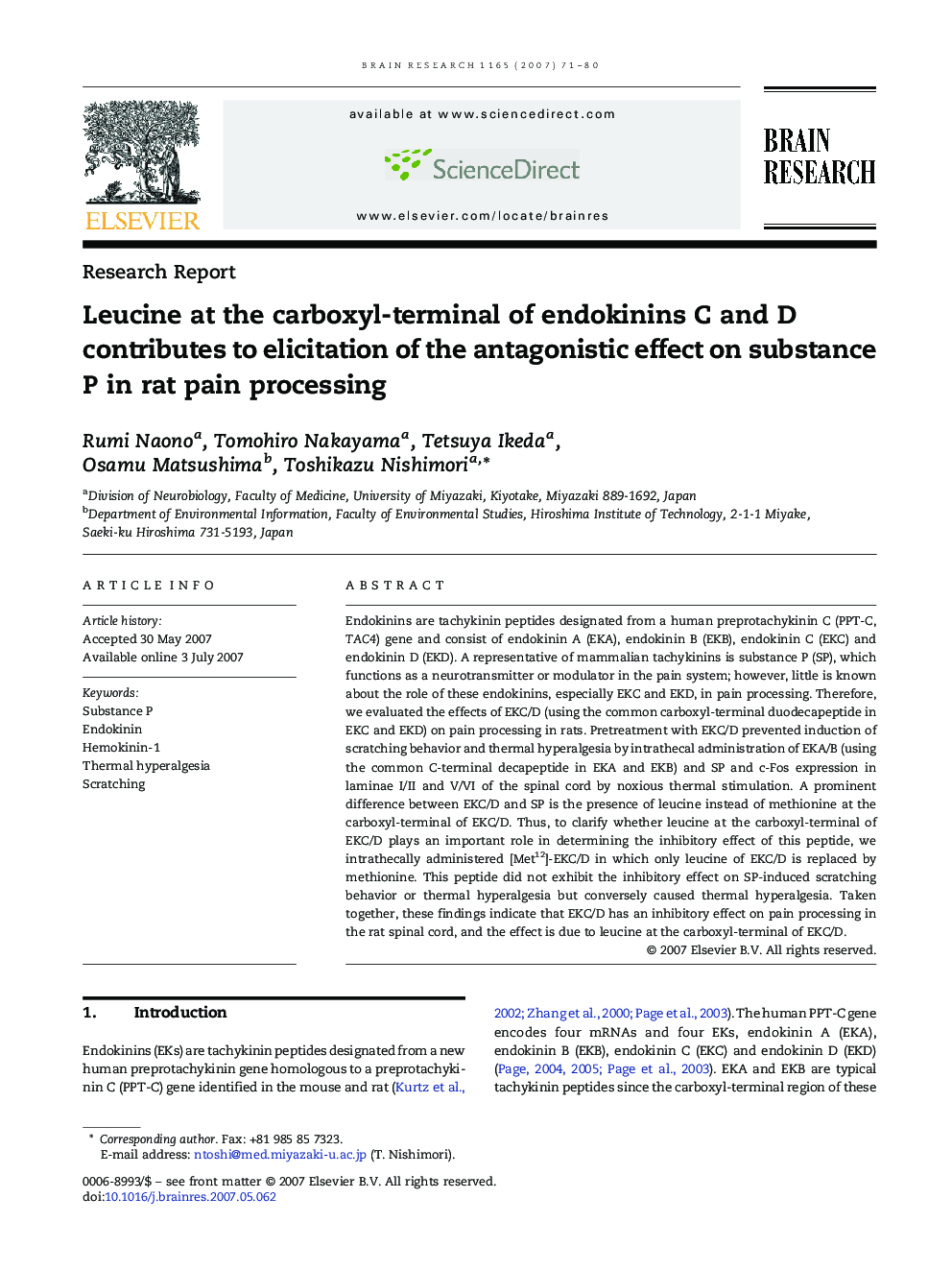 Leucine at the carboxyl-terminal of endokinins C and D contributes to elicitation of the antagonistic effect on substance P in rat pain processing