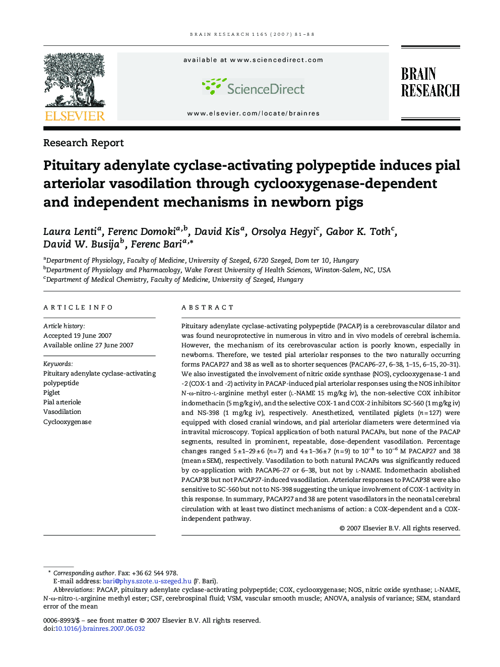 Pituitary adenylate cyclase-activating polypeptide induces pial arteriolar vasodilation through cyclooxygenase-dependent and independent mechanisms in newborn pigs