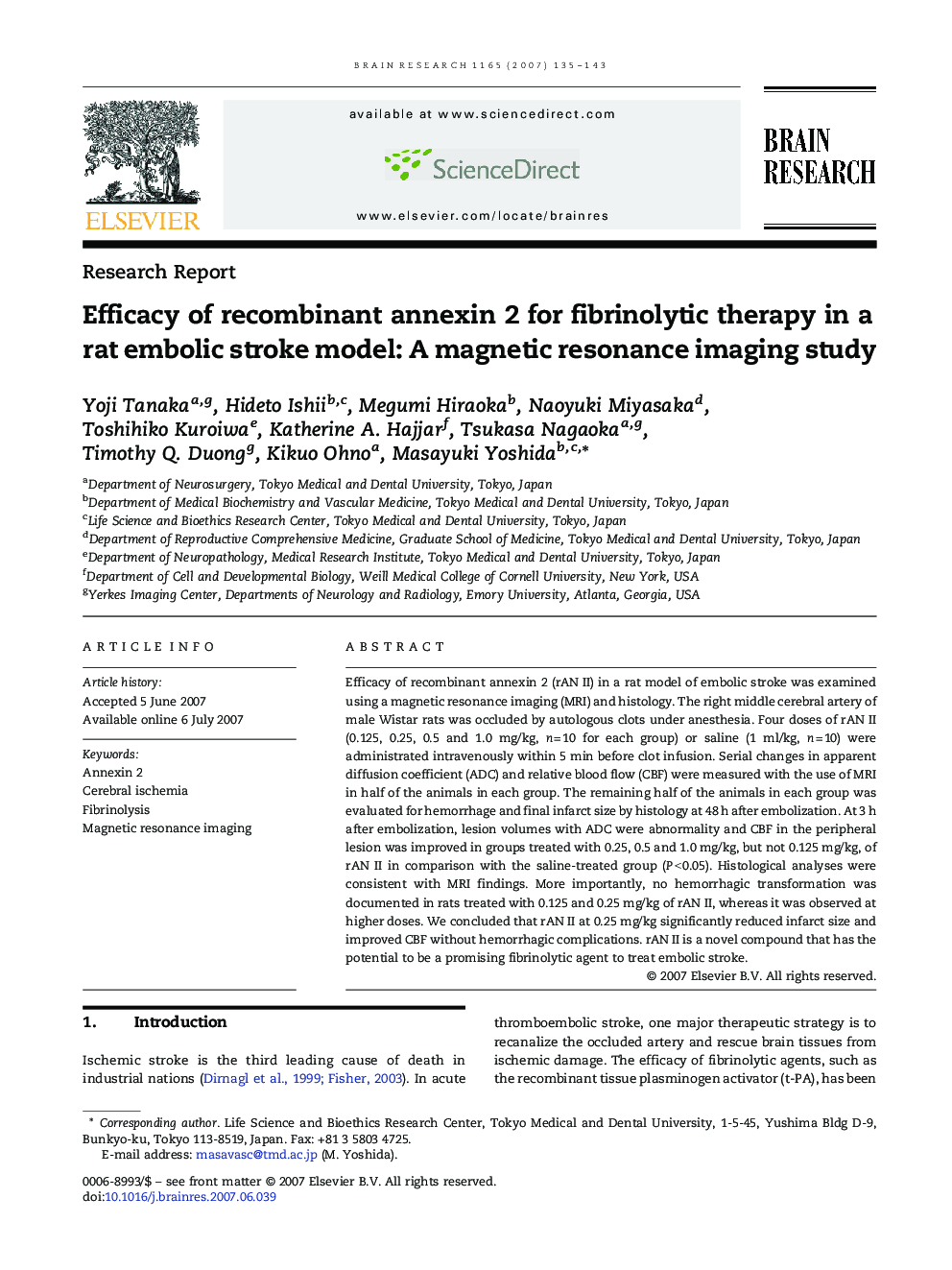 Efficacy of recombinant annexin 2 for fibrinolytic therapy in a rat embolic stroke model: A magnetic resonance imaging study