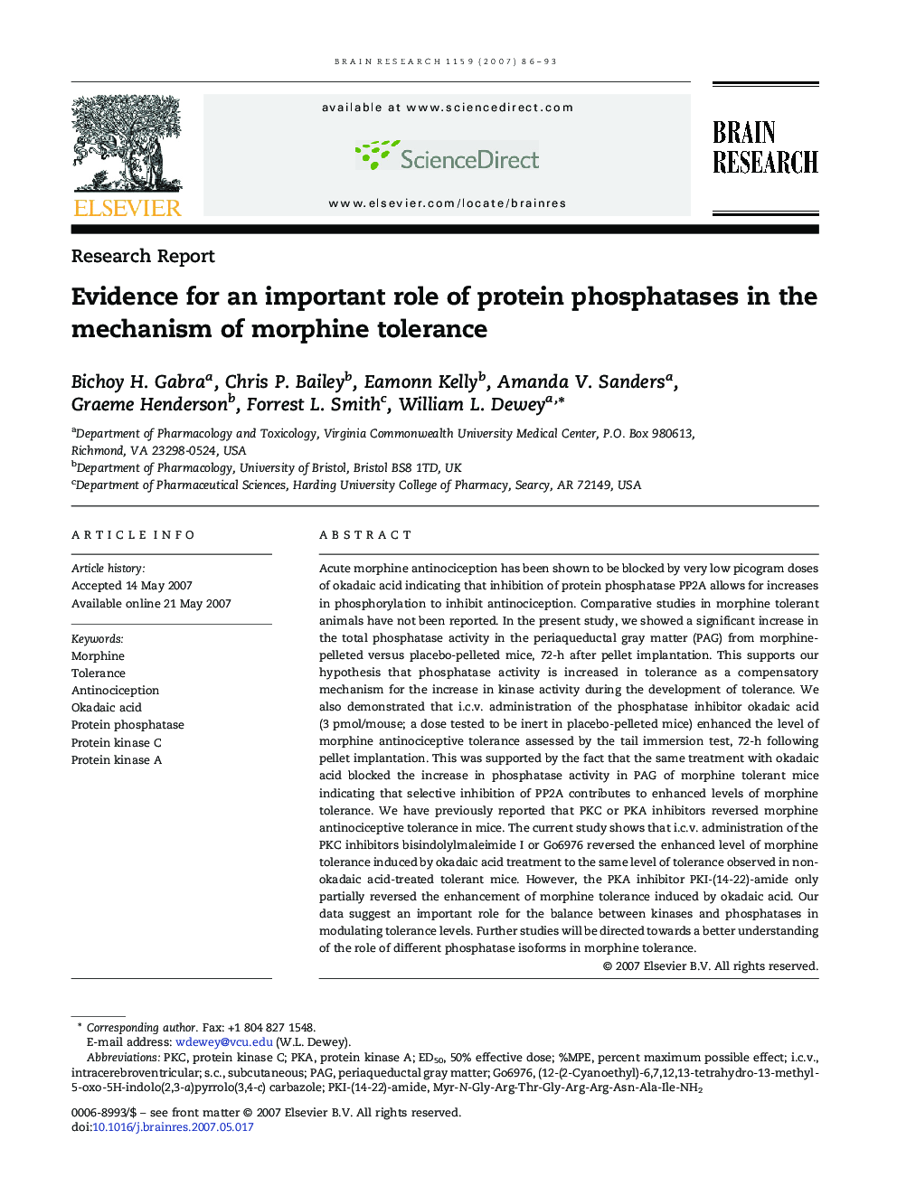 Evidence for an important role of protein phosphatases in the mechanism of morphine tolerance