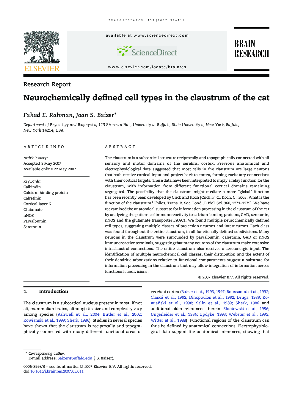 Neurochemically defined cell types in the claustrum of the cat