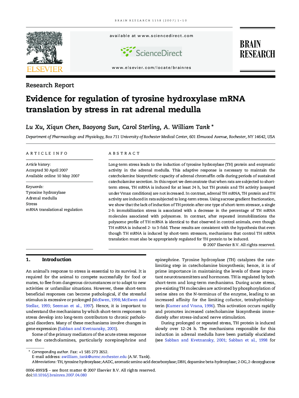 Evidence for regulation of tyrosine hydroxylase mRNA translation by stress in rat adrenal medulla