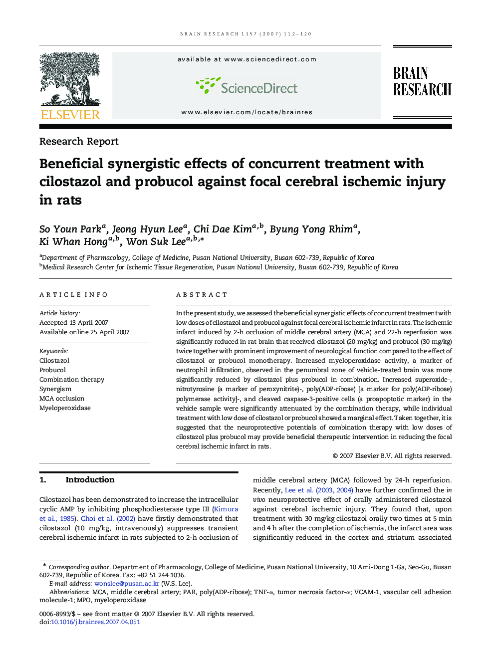 Beneficial synergistic effects of concurrent treatment with cilostazol and probucol against focal cerebral ischemic injury in rats