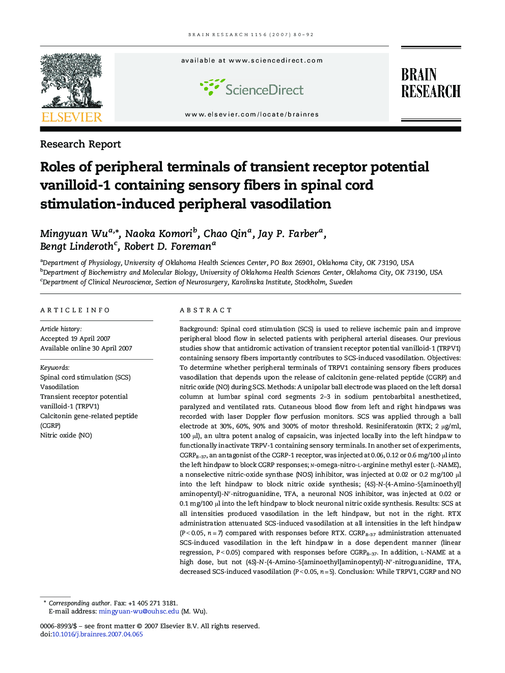 Roles of peripheral terminals of transient receptor potential vanilloid-1 containing sensory fibers in spinal cord stimulation-induced peripheral vasodilation