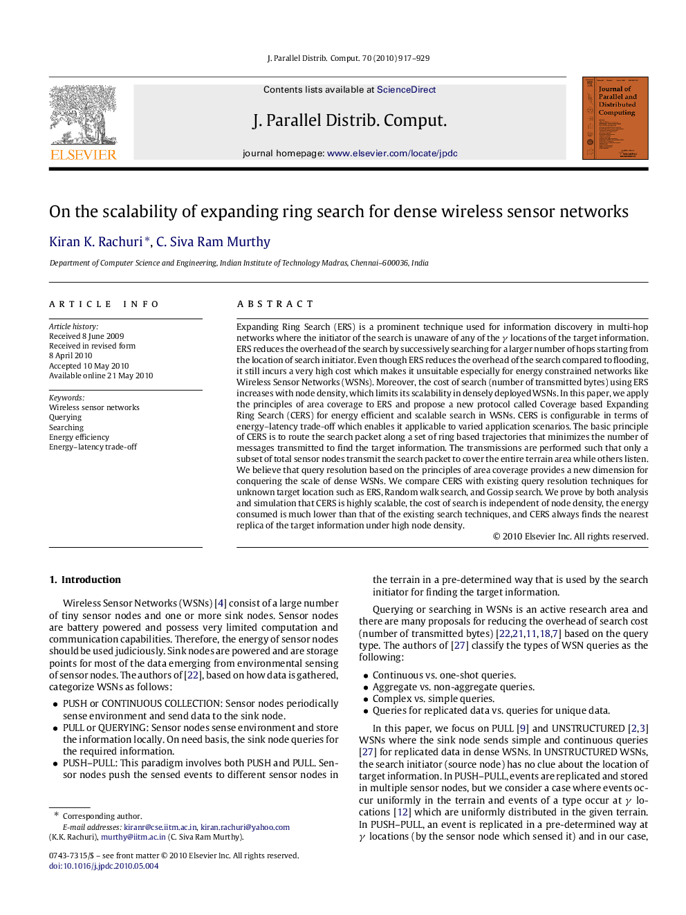 On the scalability of expanding ring search for dense wireless sensor networks