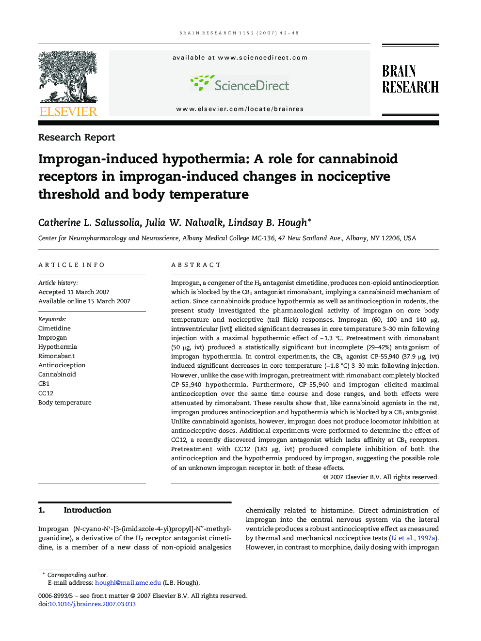 Improgan-induced hypothermia: A role for cannabinoid receptors in improgan-induced changes in nociceptive threshold and body temperature