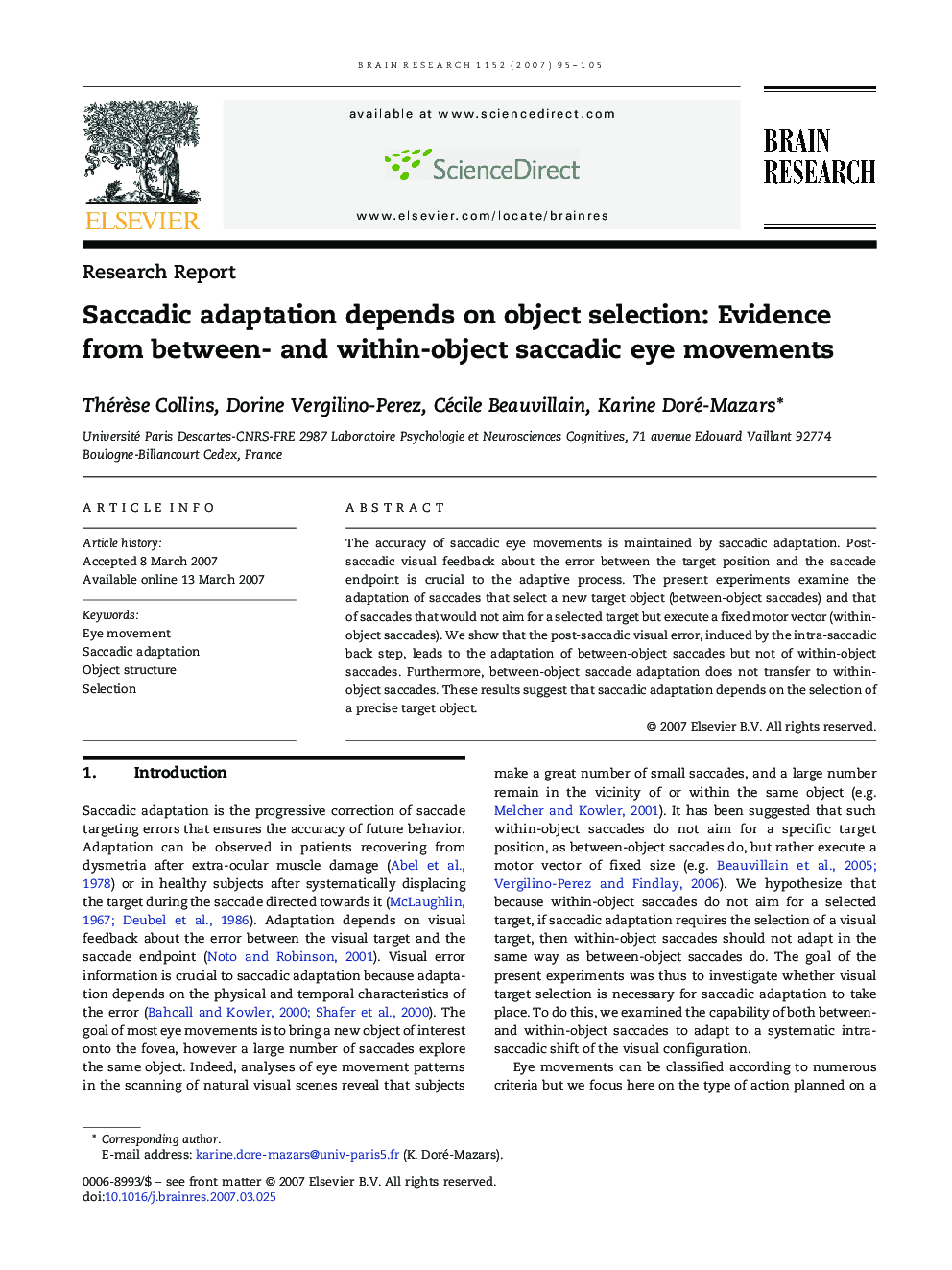 Saccadic adaptation depends on object selection: Evidence from between- and within-object saccadic eye movements