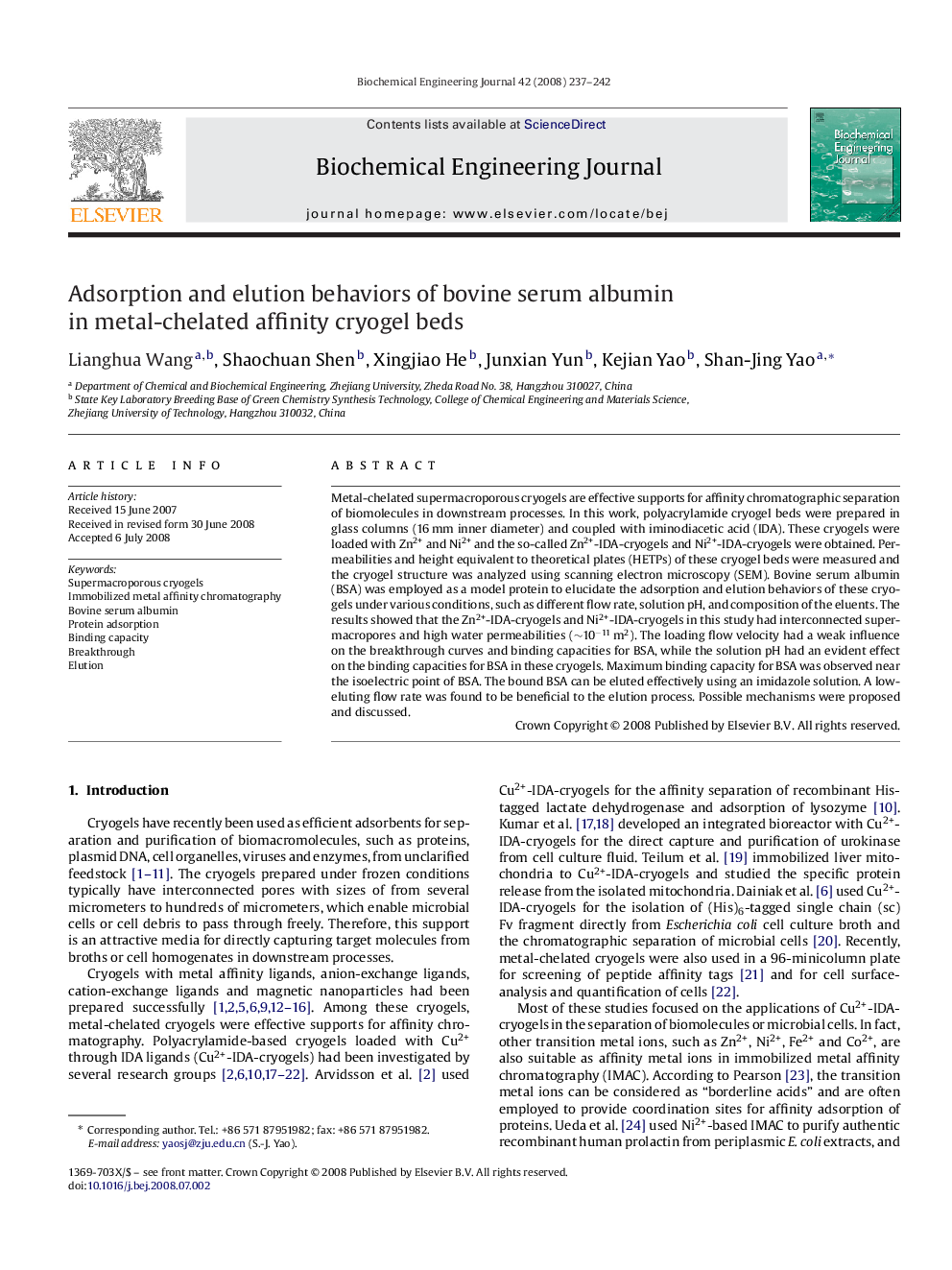 Adsorption and elution behaviors of bovine serum albumin in metal-chelated affinity cryogel beds