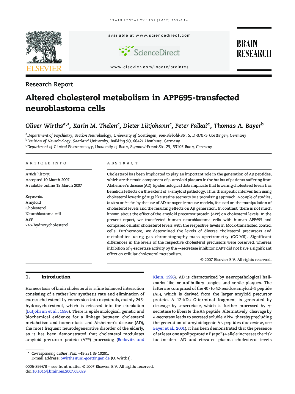 Altered cholesterol metabolism in APP695-transfected neuroblastoma cells