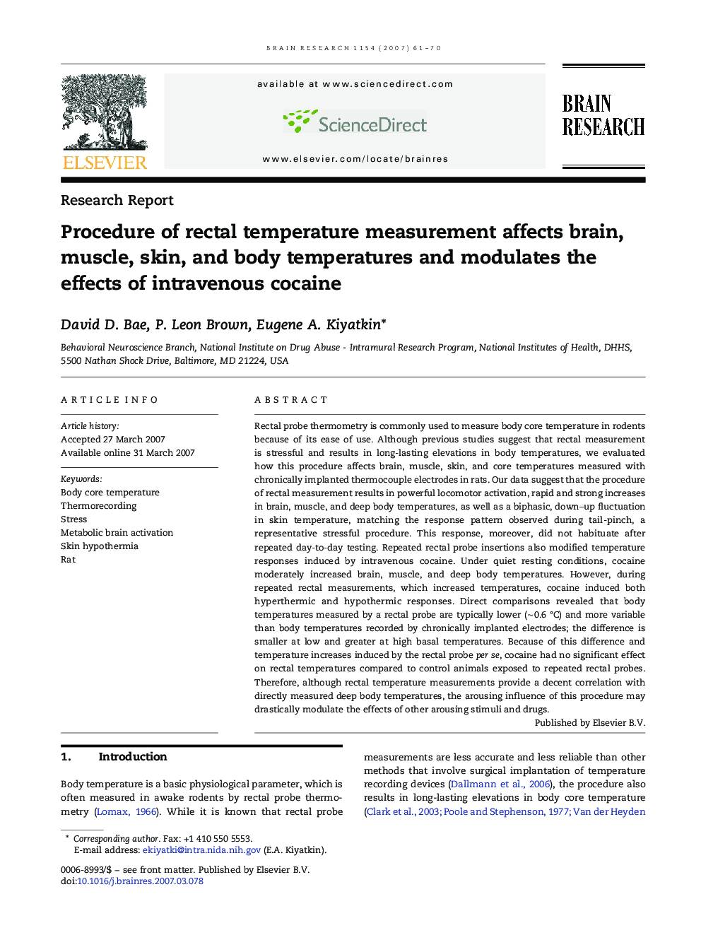 Procedure of rectal temperature measurement affects brain, muscle, skin, and body temperatures and modulates the effects of intravenous cocaine