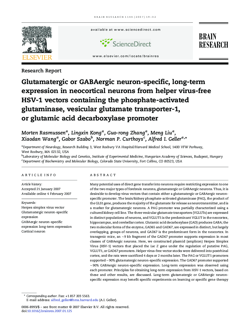 Glutamatergic or GABAergic neuron-specific, long-term expression in neocortical neurons from helper virus-free HSV-1 vectors containing the phosphate-activated glutaminase, vesicular glutamate transporter-1, or glutamic acid decarboxylase promoter