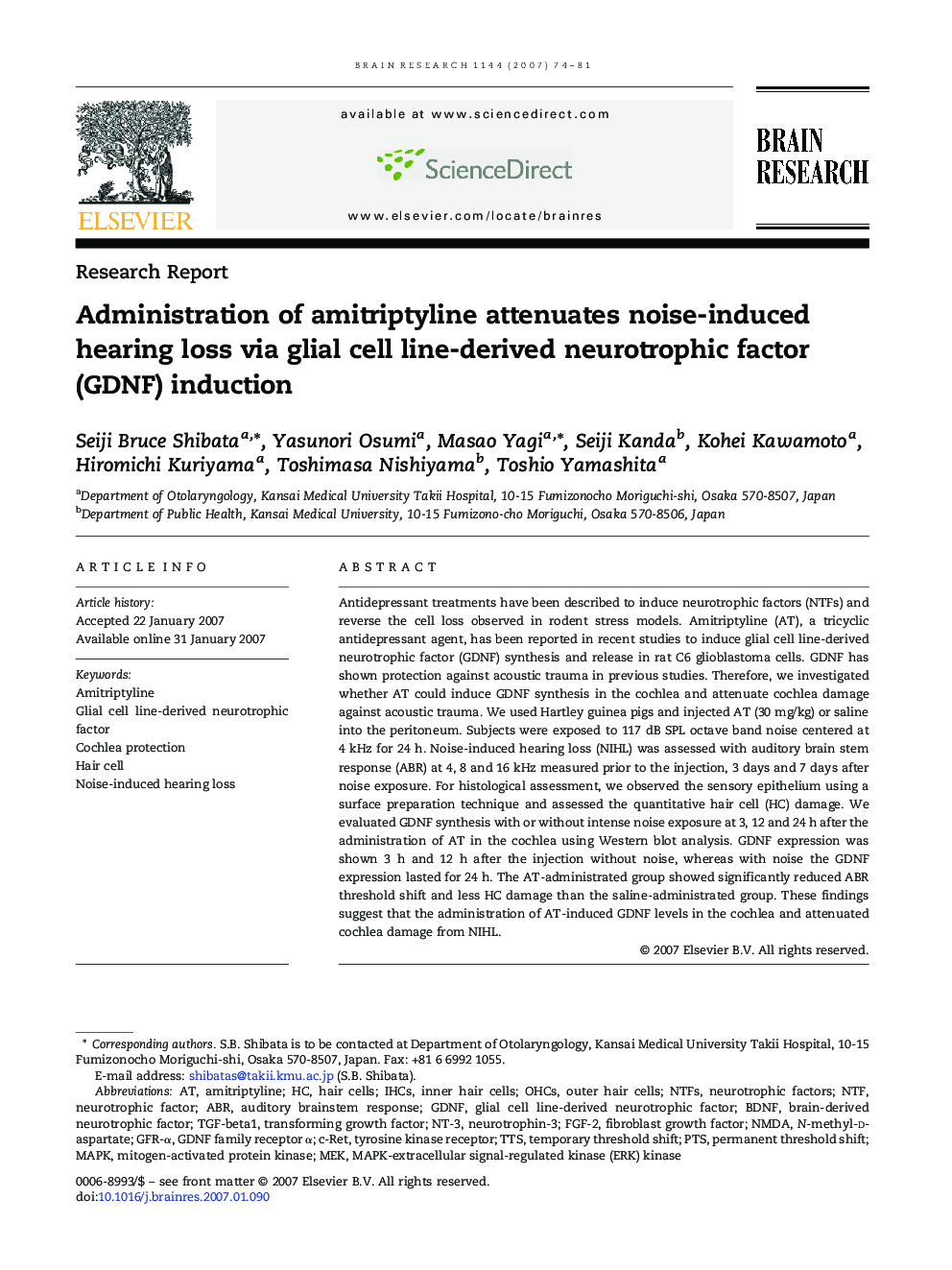 Administration of amitriptyline attenuates noise-induced hearing loss via glial cell line-derived neurotrophic factor (GDNF) induction