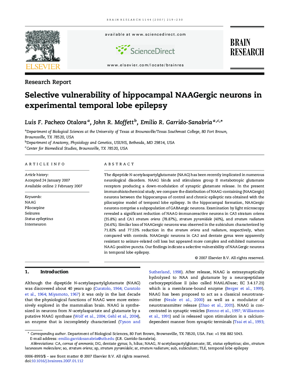 Selective vulnerability of hippocampal NAAGergic neurons in experimental temporal lobe epilepsy