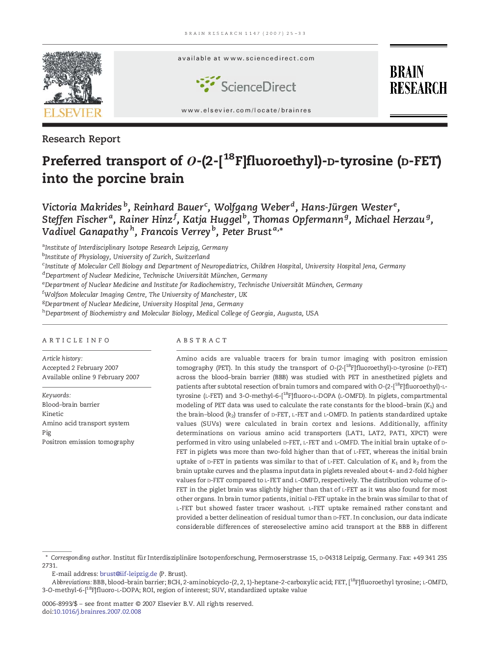 Preferred transport of O-(2-[18F]fluoroethyl)-d-tyrosine (d-FET) into the porcine brain