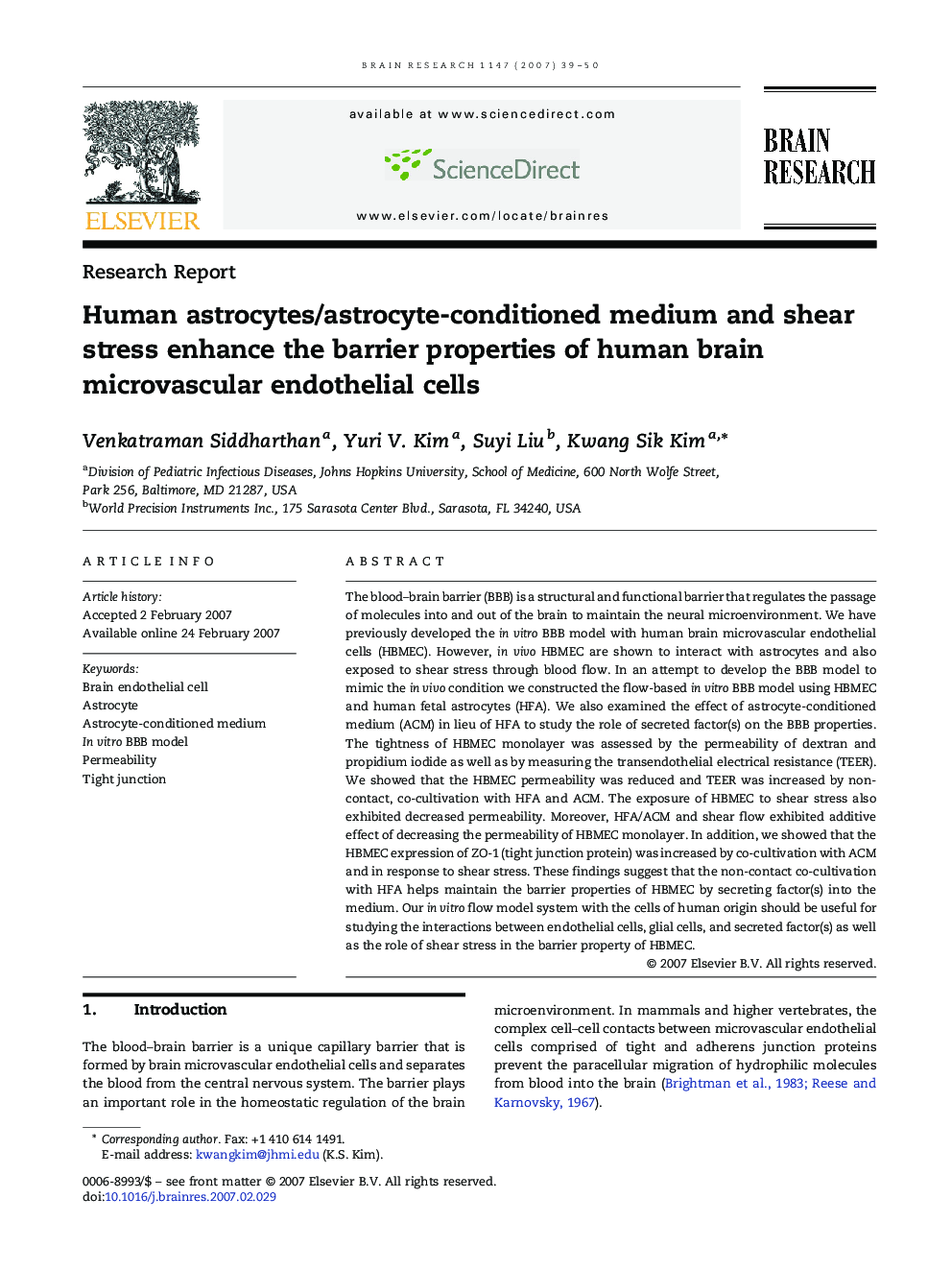 Human astrocytes/astrocyte-conditioned medium and shear stress enhance the barrier properties of human brain microvascular endothelial cells