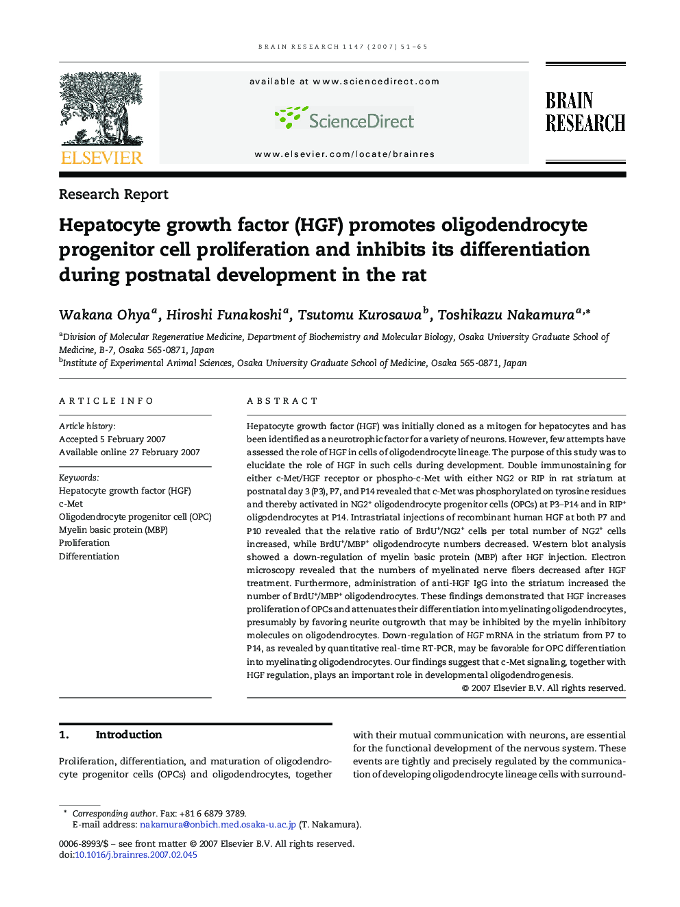 Hepatocyte growth factor (HGF) promotes oligodendrocyte progenitor cell proliferation and inhibits its differentiation during postnatal development in the rat