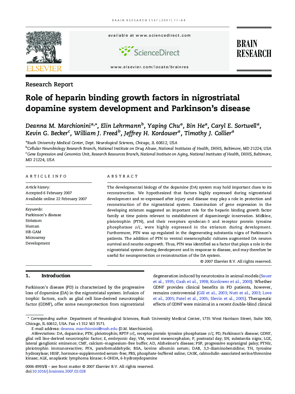 Role of heparin binding growth factors in nigrostriatal dopamine system development and Parkinson's disease