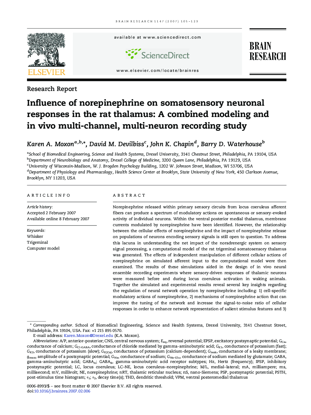 Influence of norepinephrine on somatosensory neuronal responses in the rat thalamus: A combined modeling and in vivo multi-channel, multi-neuron recording study