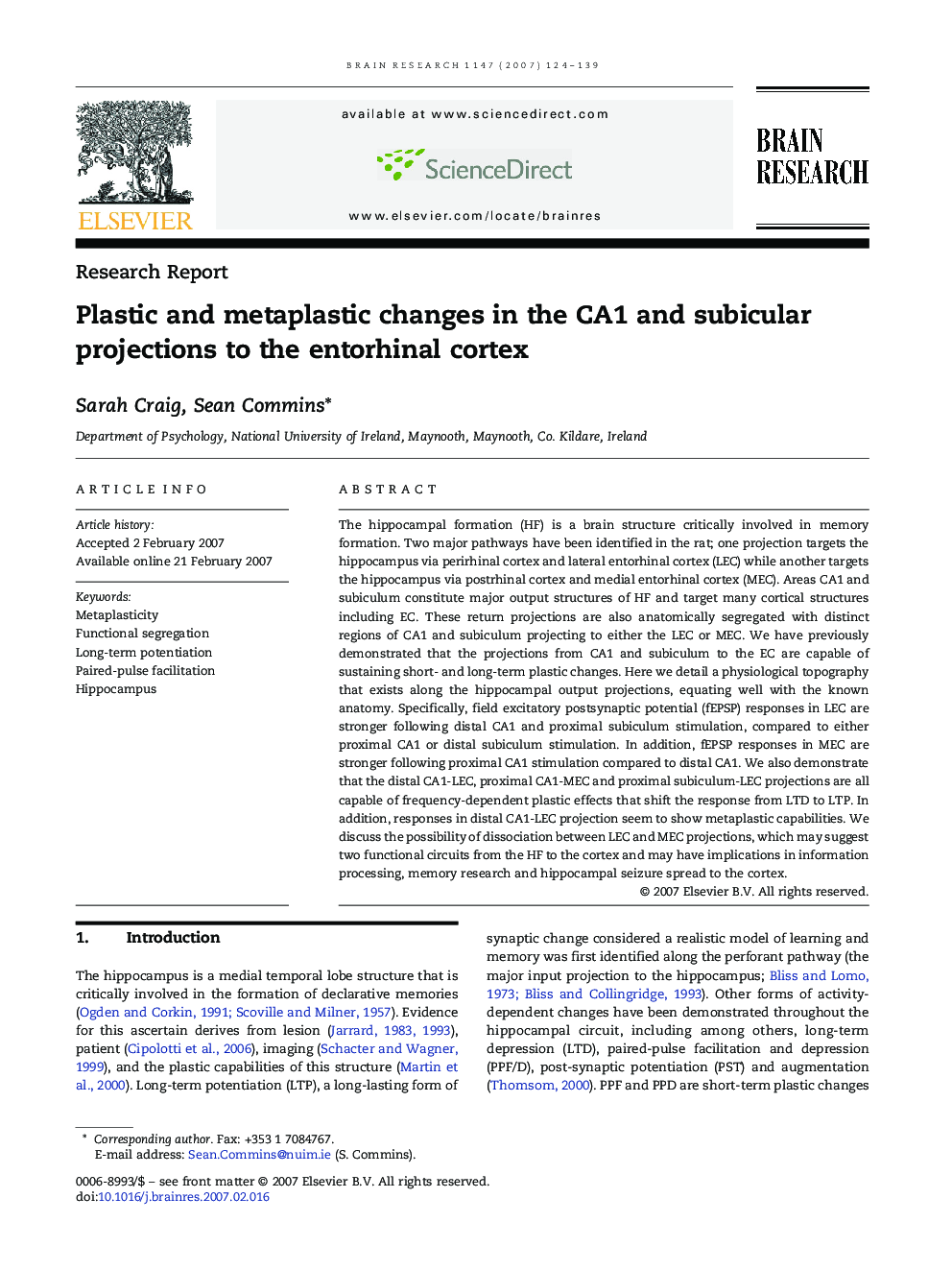 Plastic and metaplastic changes in the CA1 and subicular projections to the entorhinal cortex