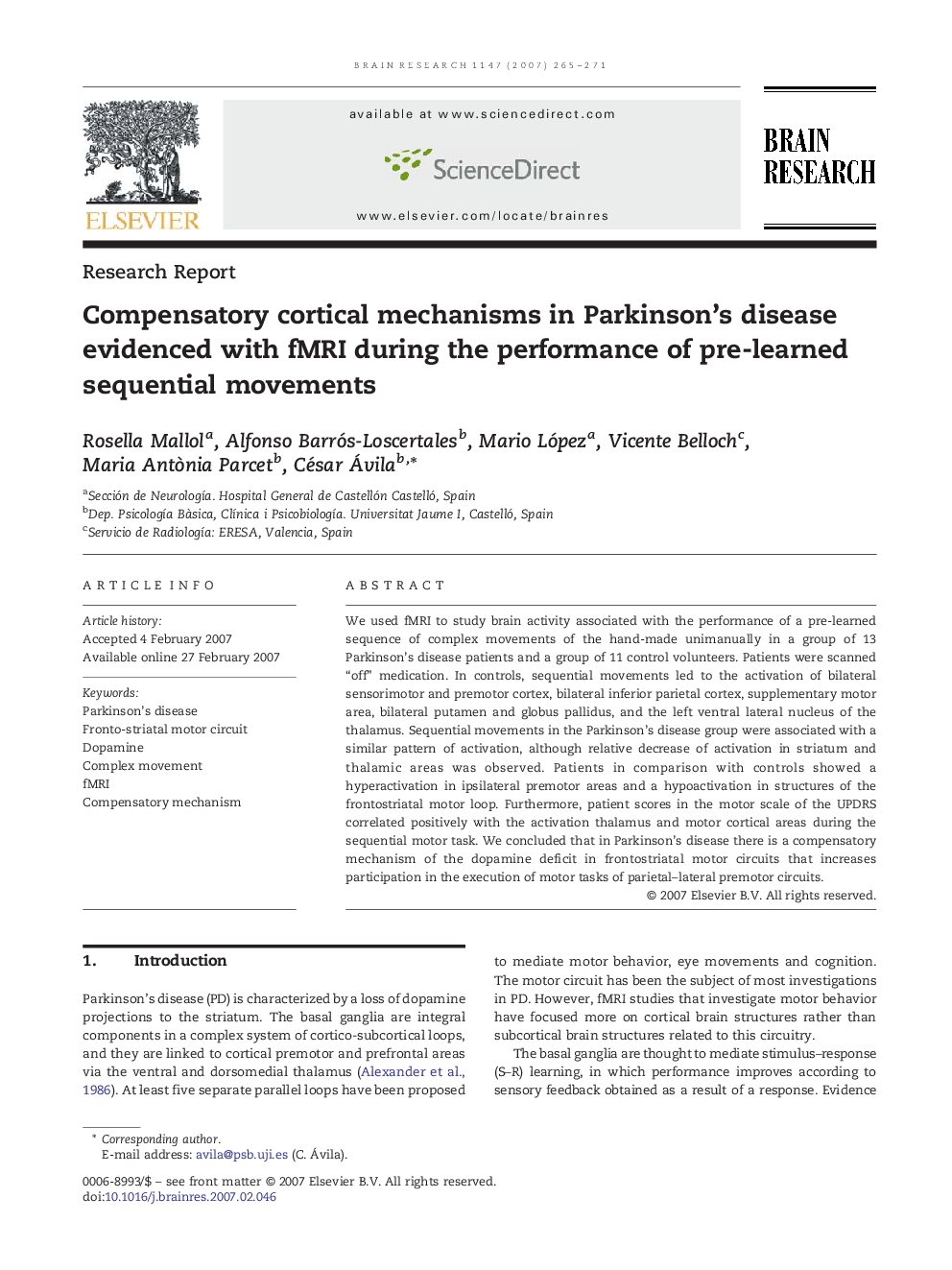 Compensatory cortical mechanisms in Parkinson's disease evidenced with fMRI during the performance of pre-learned sequential movements