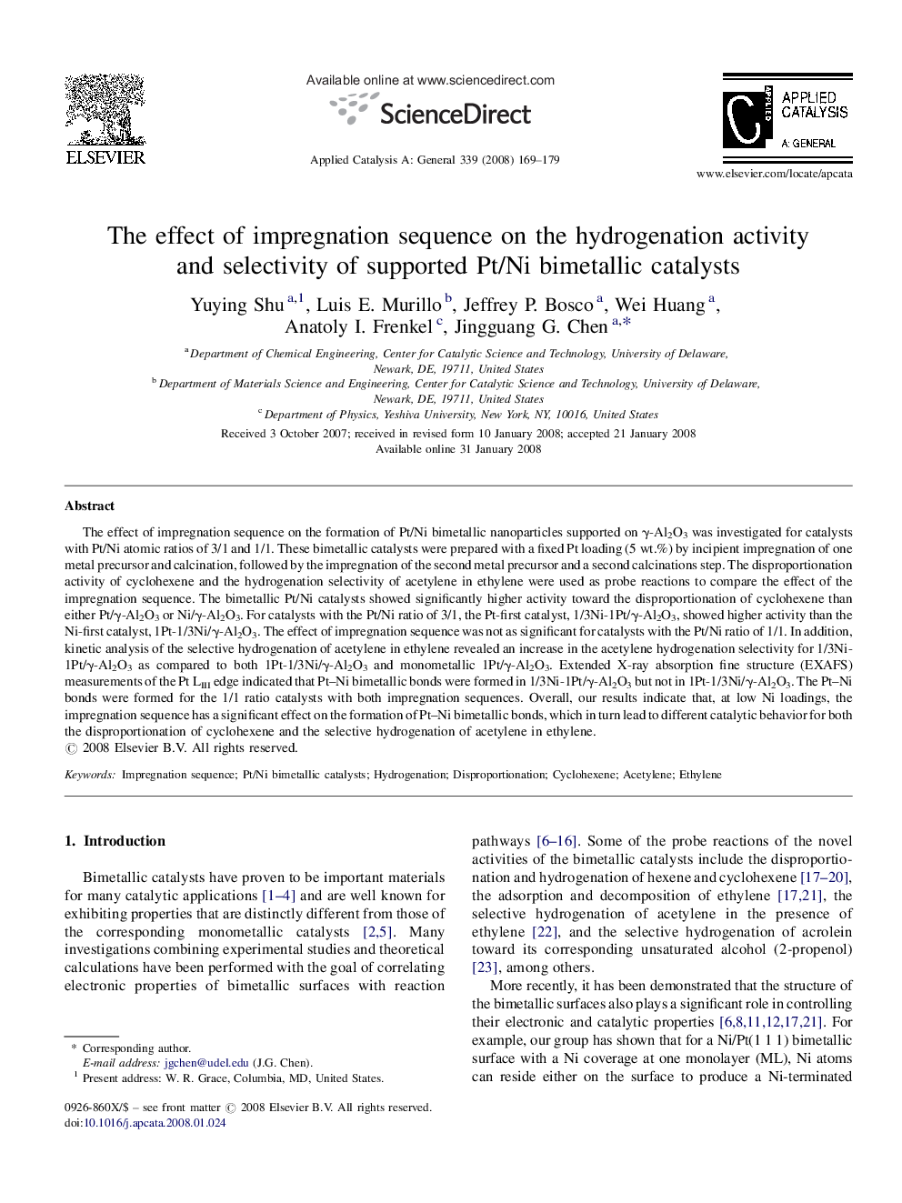 The effect of impregnation sequence on the hydrogenation activity and selectivity of supported Pt/Ni bimetallic catalysts