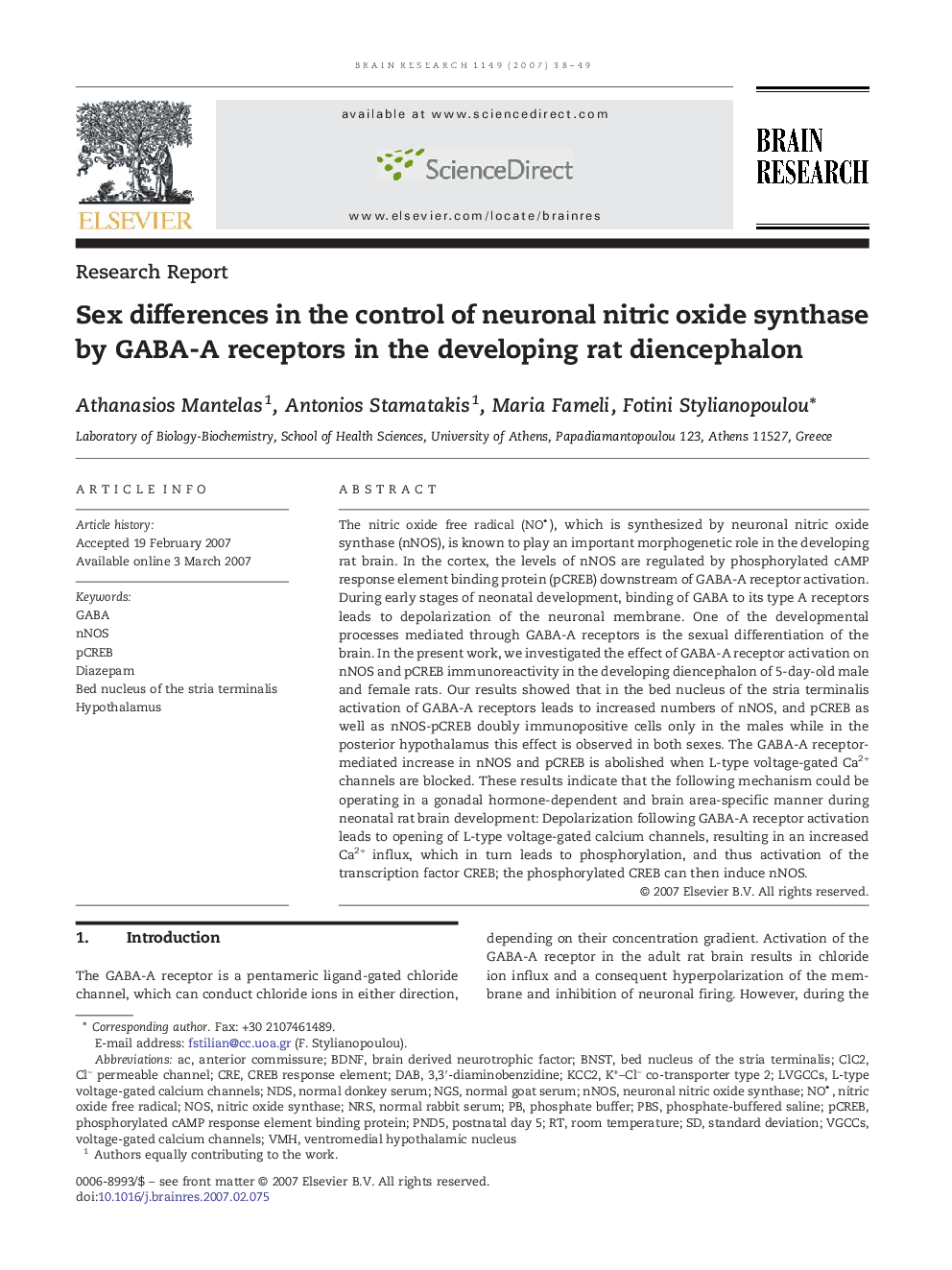 Sex differences in the control of neuronal nitric oxide synthase by GABA-A receptors in the developing rat diencephalon