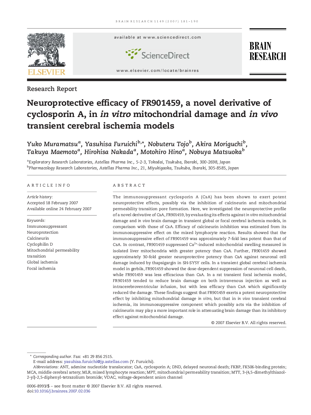 Neuroprotective efficacy of FR901459, a novel derivative of cyclosporin A, in in vitro mitochondrial damage and in vivo transient cerebral ischemia models