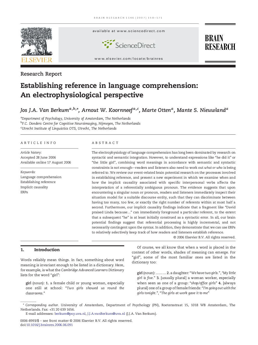 Establishing reference in language comprehension: An electrophysiological perspective